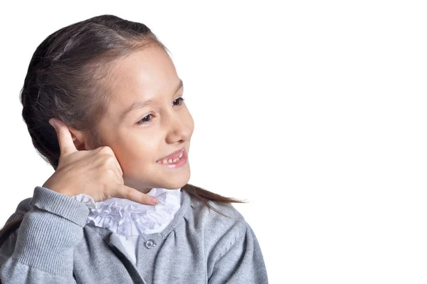 Portret Van Schattige Kleine Meisje Poseren Geïsoleerd Witte Achtergrond — Stockfoto