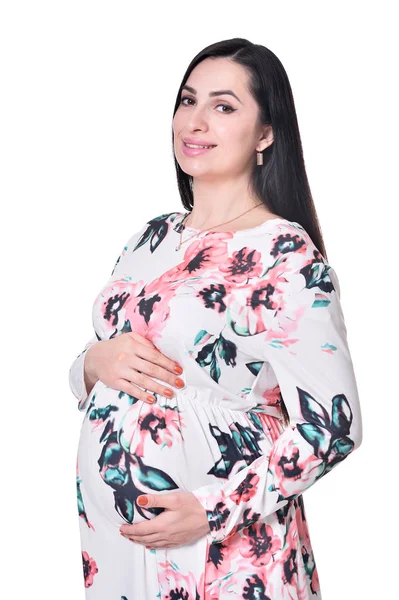 Kobieta Ciąży Białym Tle Białym Tle Pozowanie — Zdjęcie stockowe
