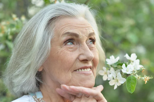 Feliz Anciana Hermosa Mujer Parque Primavera Con Fondo Manzano Flor —  Fotos de Stock