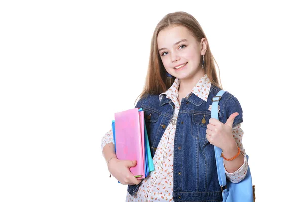 Glücklich Schulmädchen Posiert Mit Büchern Isoliert Auf Weißem Hintergrund — Stockfoto