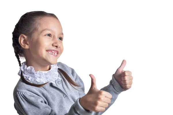 Retrato Linda Niña Mostrando Pulgares Hacia Arriba Aislado Sobre Fondo — Foto de Stock