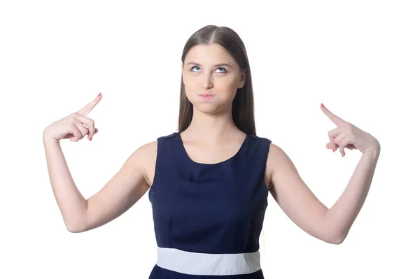 Portret Van Mooie Jonge Vrouw Met Lange Haren Poseren Geïsoleerd — Stockfoto