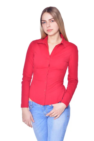 Portret Van Mooie Vrouw Jeans Roze Blouse Poseren Geïsoleerd Wit — Stockfoto