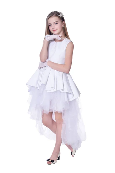 Bonne Petite Fille Robe Posant Isolé Sur Fond Blanc — Photo