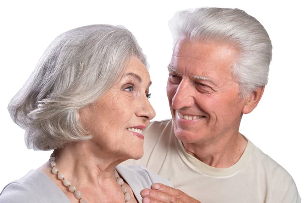 Feliz Pareja Ancianos Abrazando Aislado Sobre Fondo Blanco —  Fotos de Stock