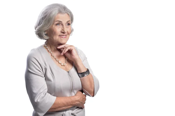 Sorrindo Mulher Idosa Isolado Fundo Branco — Fotografia de Stock