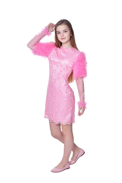 快乐的小女孩在粉红色的礼服假扮白色背景 — 图库照片