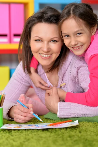 Little Cute Girl Mother Drawing Table Home Stock Photo