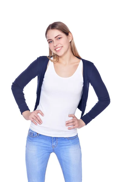 Retrato Mulher Bonita Jeans Isolado Branco — Fotografia de Stock