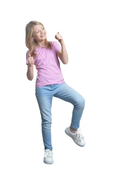 Портрет Милої Дівчини Повсякденному Одязі Показує Великі Пальці Вгору Ізольовано — стокове фото