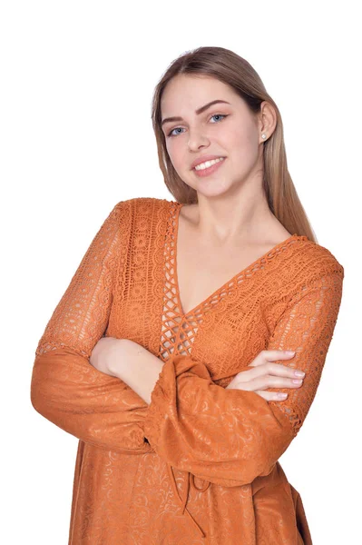 Retrato Una Hermosa Mujer Posando Aislada Sobre Blanco — Foto de Stock