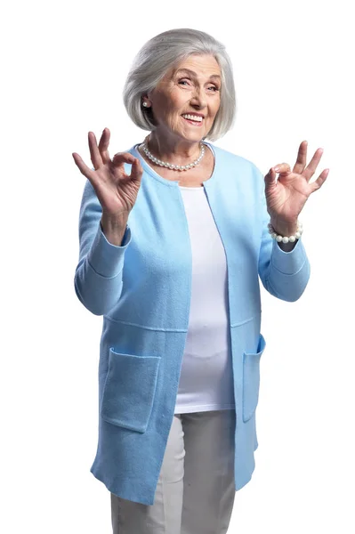 Portrait Beautiful Senior Woman Showing Signs White Background — Stock Photo, Image