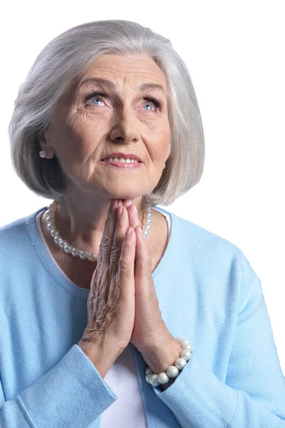 Ritratto Bella Donna Anziana Camicetta Azzurra Che Prega Isolata Sfondo — Foto Stock