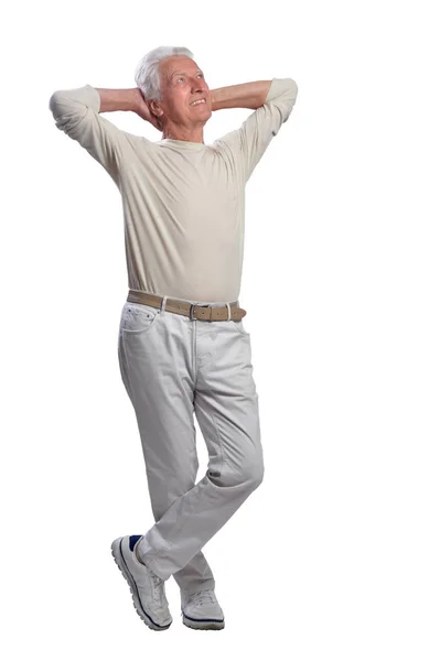Uomo Anziano Posa Sfondo Bianco — Foto Stock