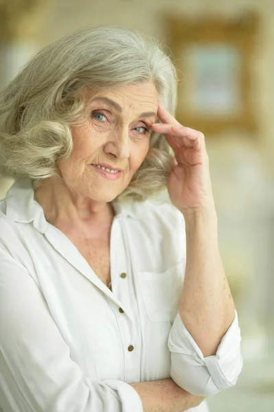 Portrait Smiling Senior Woman Posing Home — Stock Photo, Image