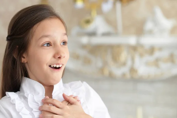 Emotional Little Girl White Blouse Posing Home — Stock Photo, Image