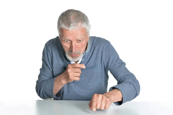 Portrait Senior Man Sitting Table Isolated White Background — Stock Photo, Image