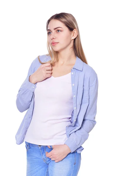 Porträtt Vacker Kvinna Jeans Isolerade Vitt — Stockfoto