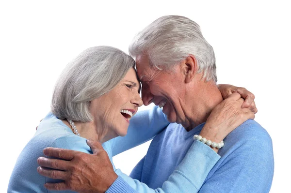 Feliz Pareja Ancianos Abrazando Aislado Sobre Fondo Blanco —  Fotos de Stock