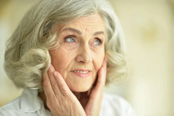 Portrait Smiling Senior Woman Posing Home — Stock Photo, Image