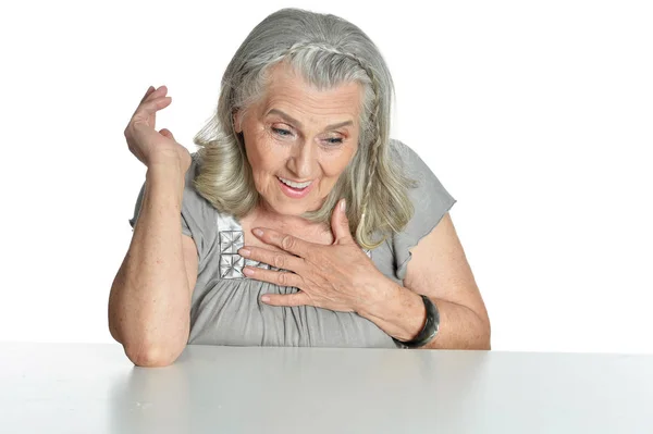 Emozionale Donna Anziana Tavola Isolata Sfondo Bianco — Foto Stock