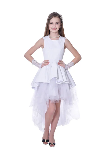 Menina Feliz Vestido Posando Isolado Fundo Branco — Fotografia de Stock
