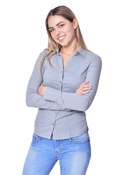 Mooie Vrouw Het Dragen Van Casual Kleding Poseren Geïsoleerd Witte — Stockfoto