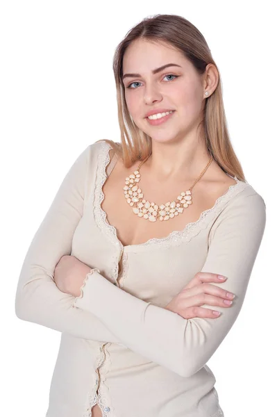 Portrait Beautiful Woman Posing Isolated White — Stock Photo, Image