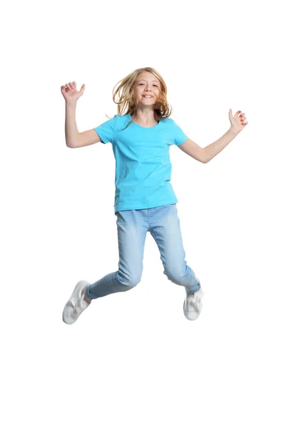 Schattig Klein Meisje Springen Geïsoleerd Witte Achtergrond — Stockfoto
