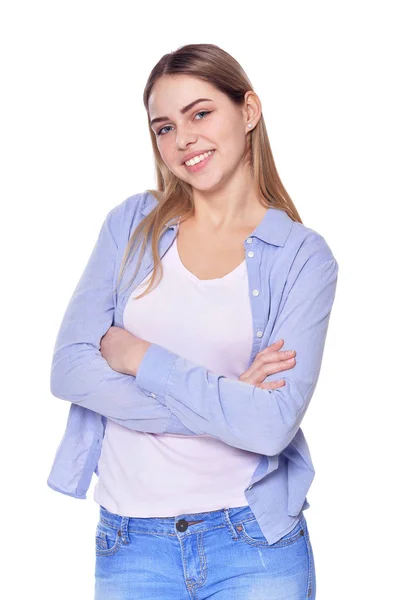 Portrait Belle Femme Jean Isolé Sur Blanc — Photo