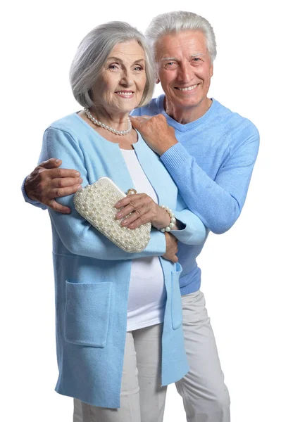 Happy Senior Paar Omarmen Geïsoleerd Witte Achtergrond — Stockfoto