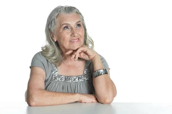 Smiling Senior Woman Table Isolated White Background — Stock Photo, Image