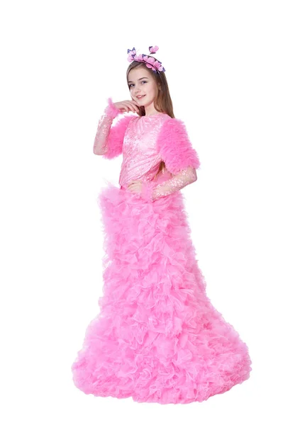 Feliz Niña Vestido Rosa Posando Aislado Sobre Fondo Blanco — Foto de Stock