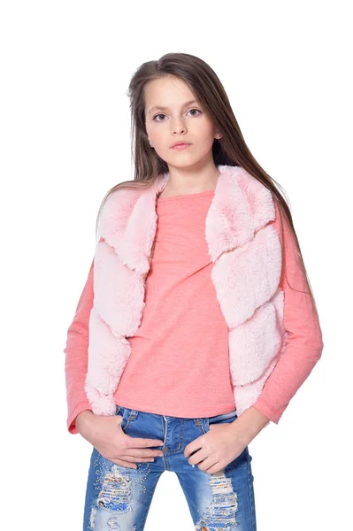 Happy Little Girl Posing Fur Waistcoat Isolated White Background — Stock Photo, Image