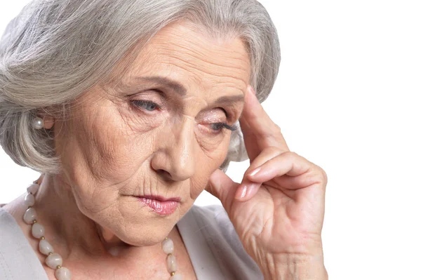 Triste Donna Anziana Isolata Sfondo Bianco — Foto Stock