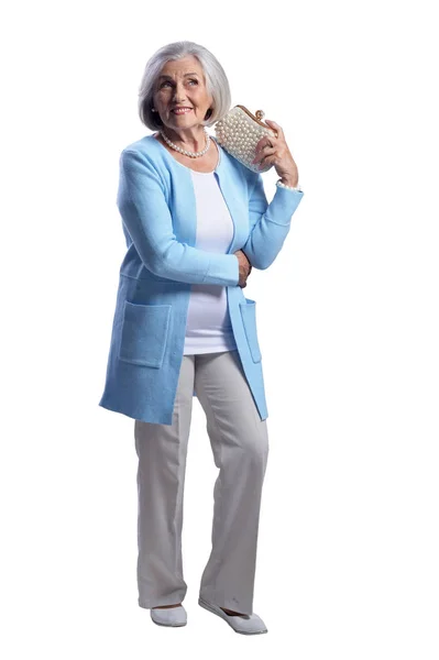 Lachende Senior Vrouw Geïsoleerd Witte Achtergrond — Stockfoto