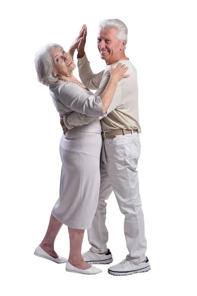 Glückliches Senioren Paar Tanzt Isoliert Auf Weißem Hintergrund — Stockfoto