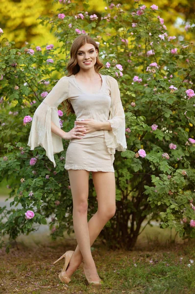 美丽的年轻女子冒充玫瑰树丛 — 图库照片