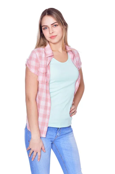 Retrato Una Hermosa Mujer Vestida Con Ropa Casual Posando Aislada — Foto de Stock