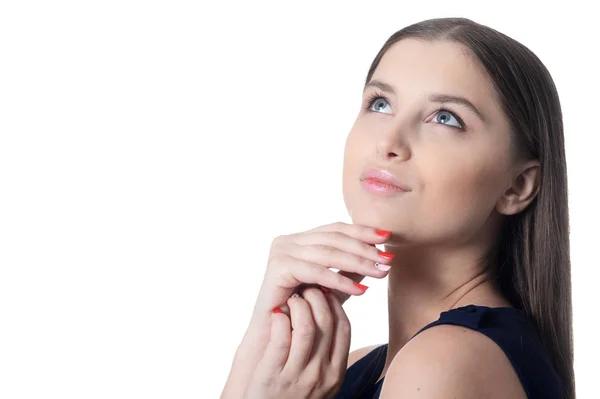 Retrato Hermosa Joven Con Pelo Largo Posando Aislado Sobre Fondo — Foto de Stock