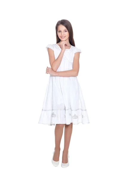 Happy Little Girl Dress Posing Isolated White Background — Stock Photo, Image