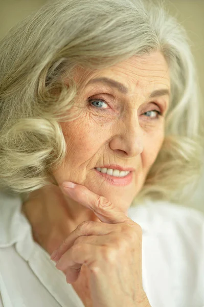 Portrait Smiling Senior Woman Posing Home — Stock Photo, Image