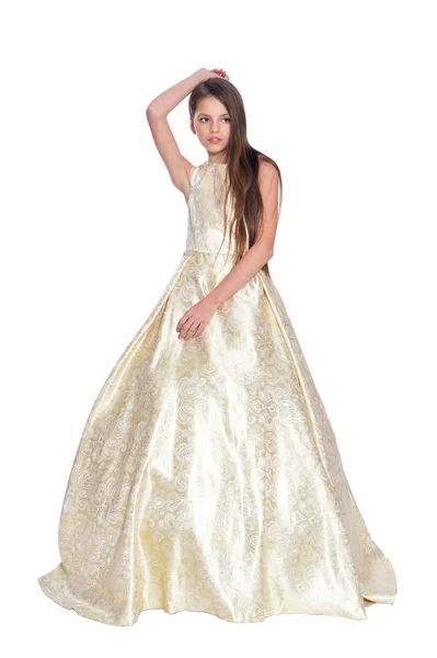 Ευτυχισμένος Κορίτσι Λίγο Φόρεμα Ποζάρουν Απομονώνονται Λευκό Φόντο — Φωτογραφία Αρχείου