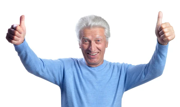 Happy Senior Man Showing Thumbs Isolated White Background — Stock Photo, Image