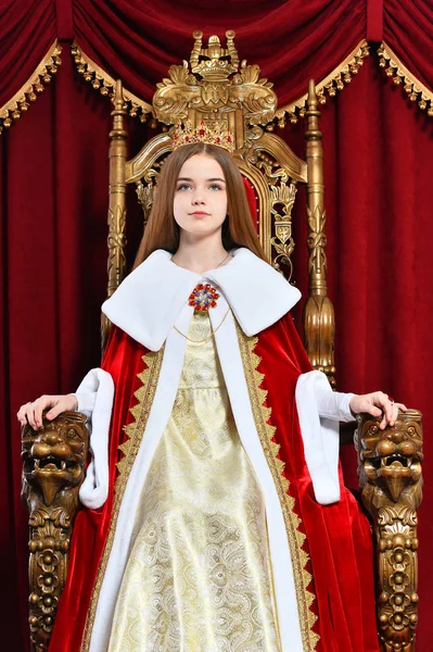 Happy Little Girl Princess Posing Throne — Stock Photo, Image