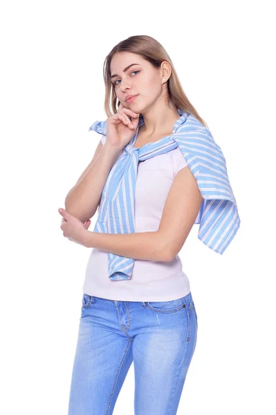 Porträt Einer Schönen Frau Jeans Isoliert Auf Weiß — Stockfoto