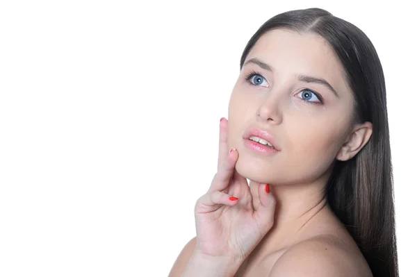 Portret Van Mooie Jonge Vrouw Met Lange Haren Poseren Geïsoleerd — Stockfoto