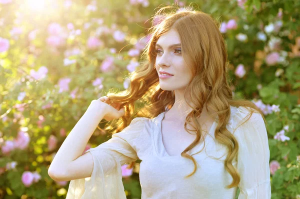 Beautiful Young Woman Posing Rose Bush — Stock Photo, Image