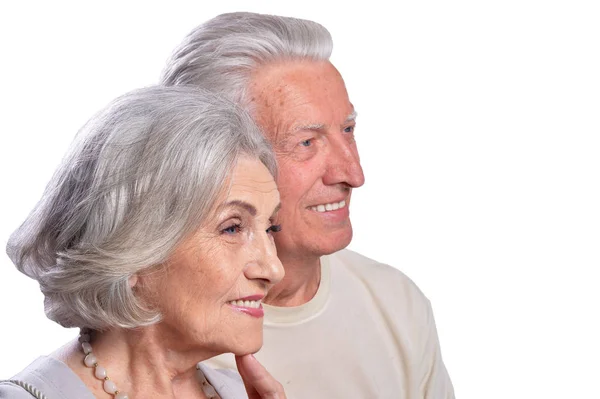 Happy Senior Paar Omarmen Geïsoleerd Witte Achtergrond — Stockfoto