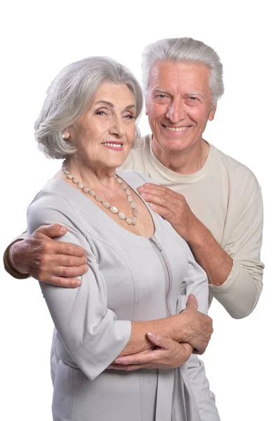 Feliz Casal Sênior Abraçando Isolado Fundo Branco — Fotografia de Stock